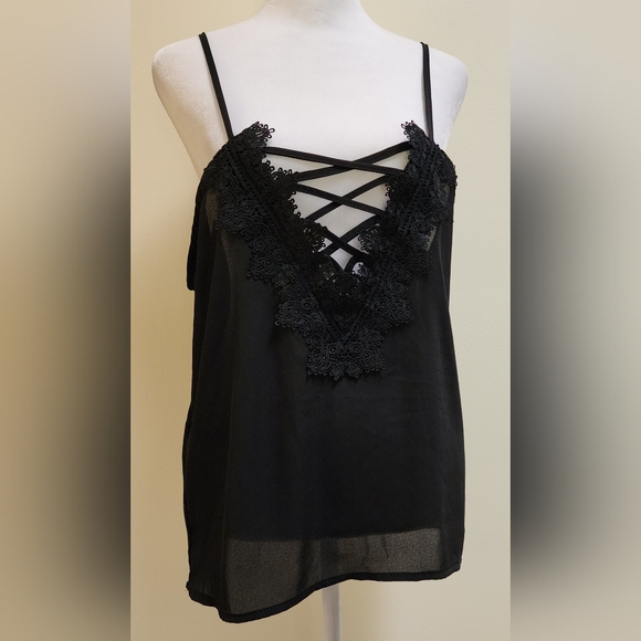 Black Lace Up Camisole Cami Tank Top Women's Size Medium - Picture 1 of 6